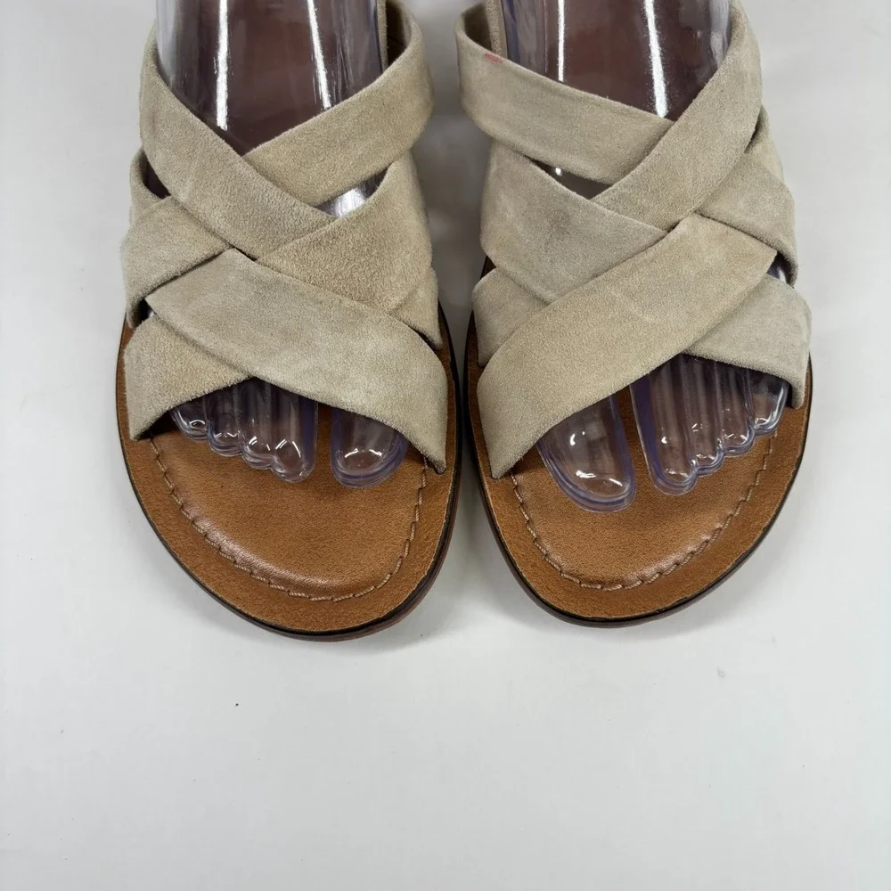 Garnet Hill Malena Crossover Women's 7.5 Beige Suede  Strap Flat Sandals 500467